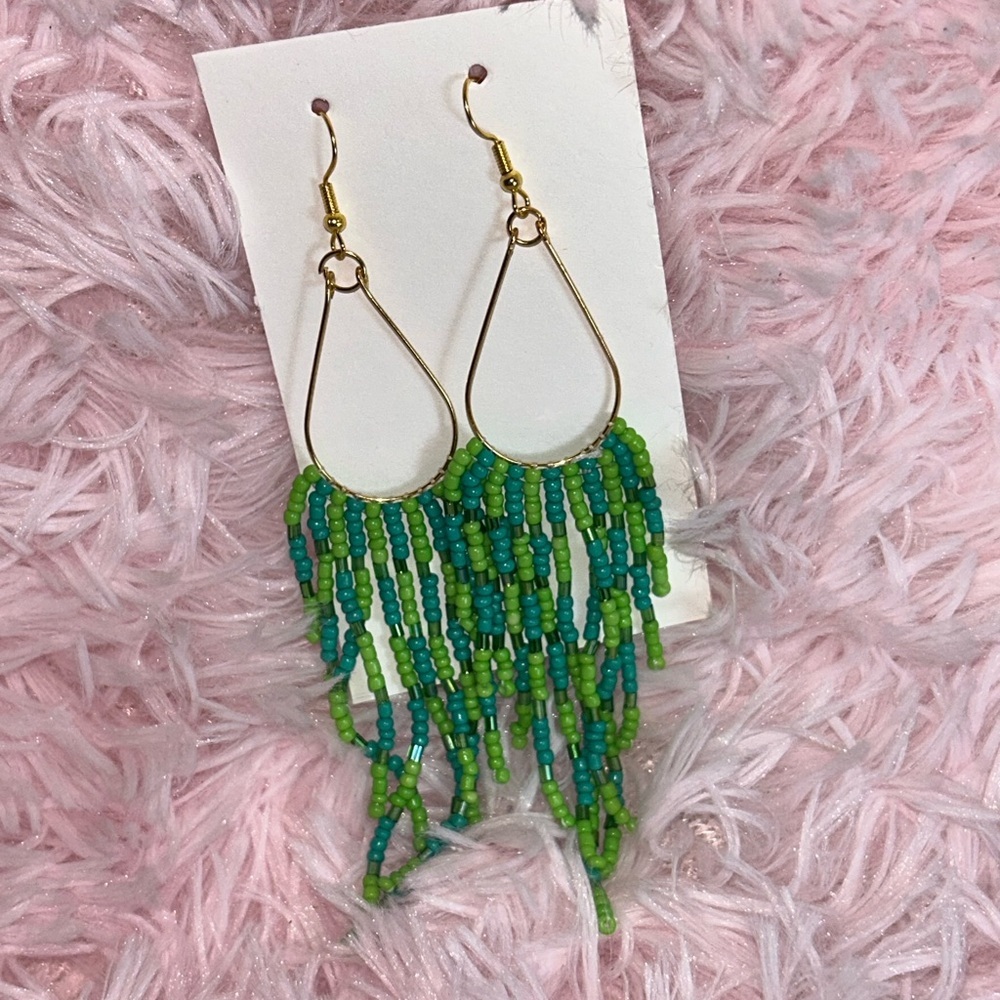 Green and Blue Beaded Dangle Earrings